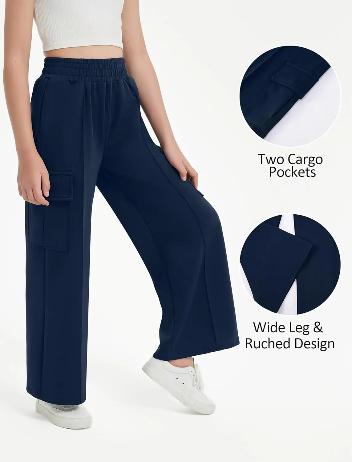 EXARUS Girls Sweatpants Wide Leg Baggy Teen Sweat Pants Cargo/Side Striped/Crossover V Waist Casual with Pockets 6-14Y