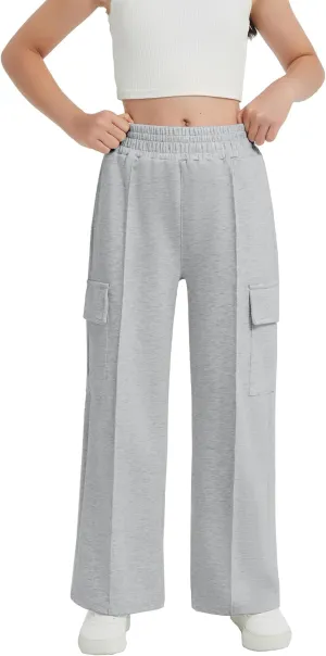 EXARUS Girls Sweatpants Wide Leg Baggy Teen Sweat Pants Cargo/Side Striped/Crossover V Waist Casual with Pockets 6-14Y