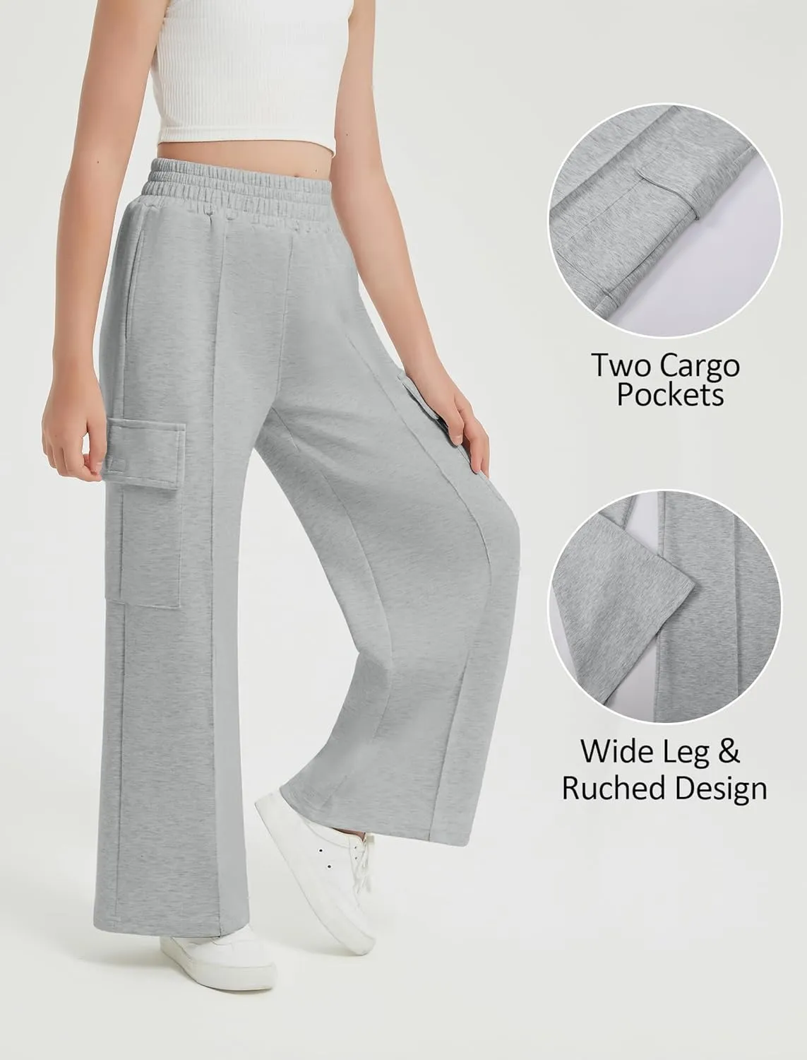 EXARUS Girls Sweatpants Wide Leg Baggy Teen Sweat Pants Cargo/Side Striped/Crossover V Waist Casual with Pockets 6-14Y