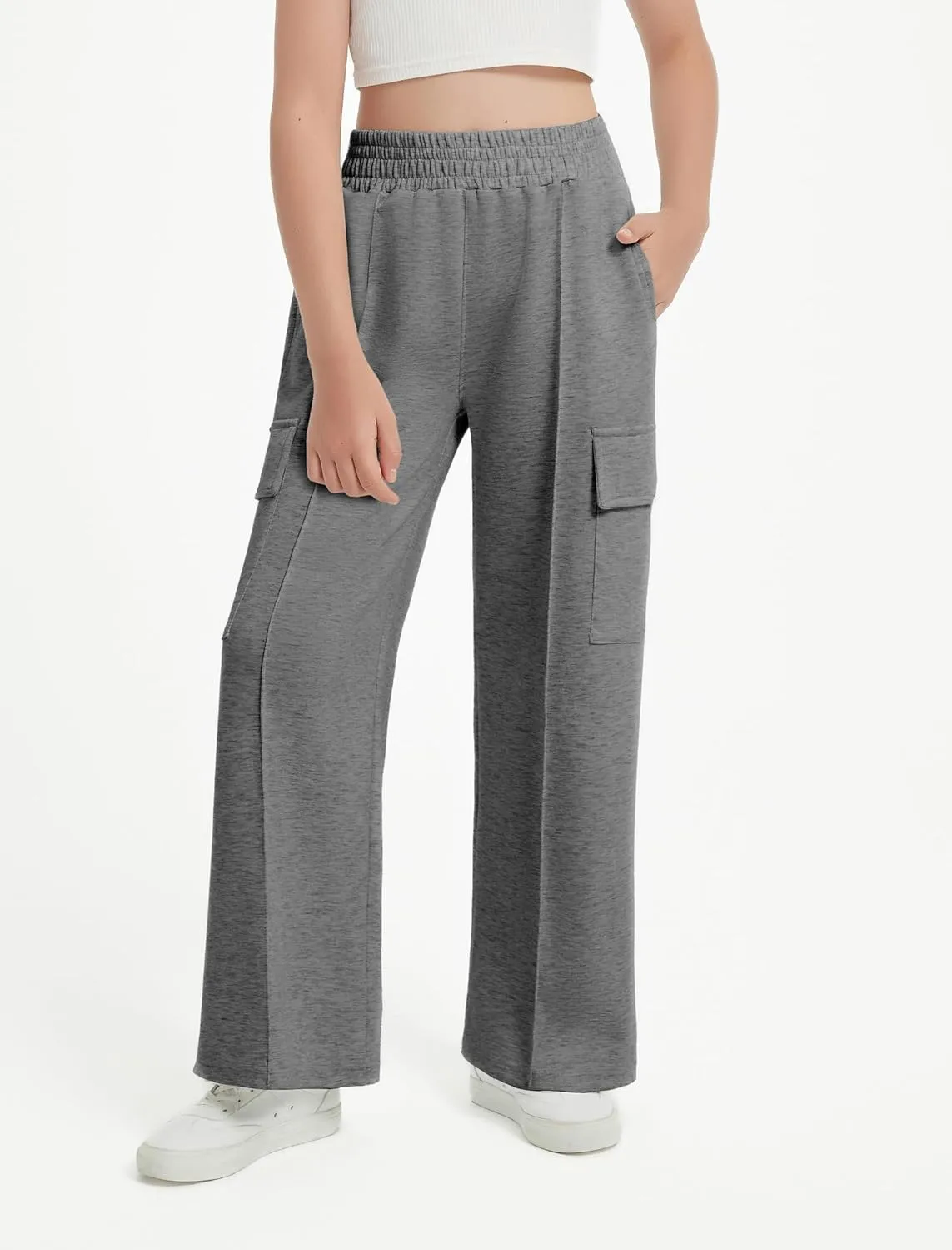EXARUS Girls Sweatpants Wide Leg Baggy Teen Sweat Pants Cargo/Side Striped/Crossover V Waist Casual with Pockets 6-14Y