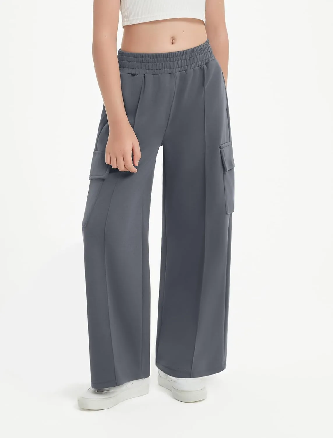 EXARUS Girls Sweatpants Wide Leg Baggy Teen Sweat Pants Cargo/Side Striped/Crossover V Waist Casual with Pockets 6-14Y