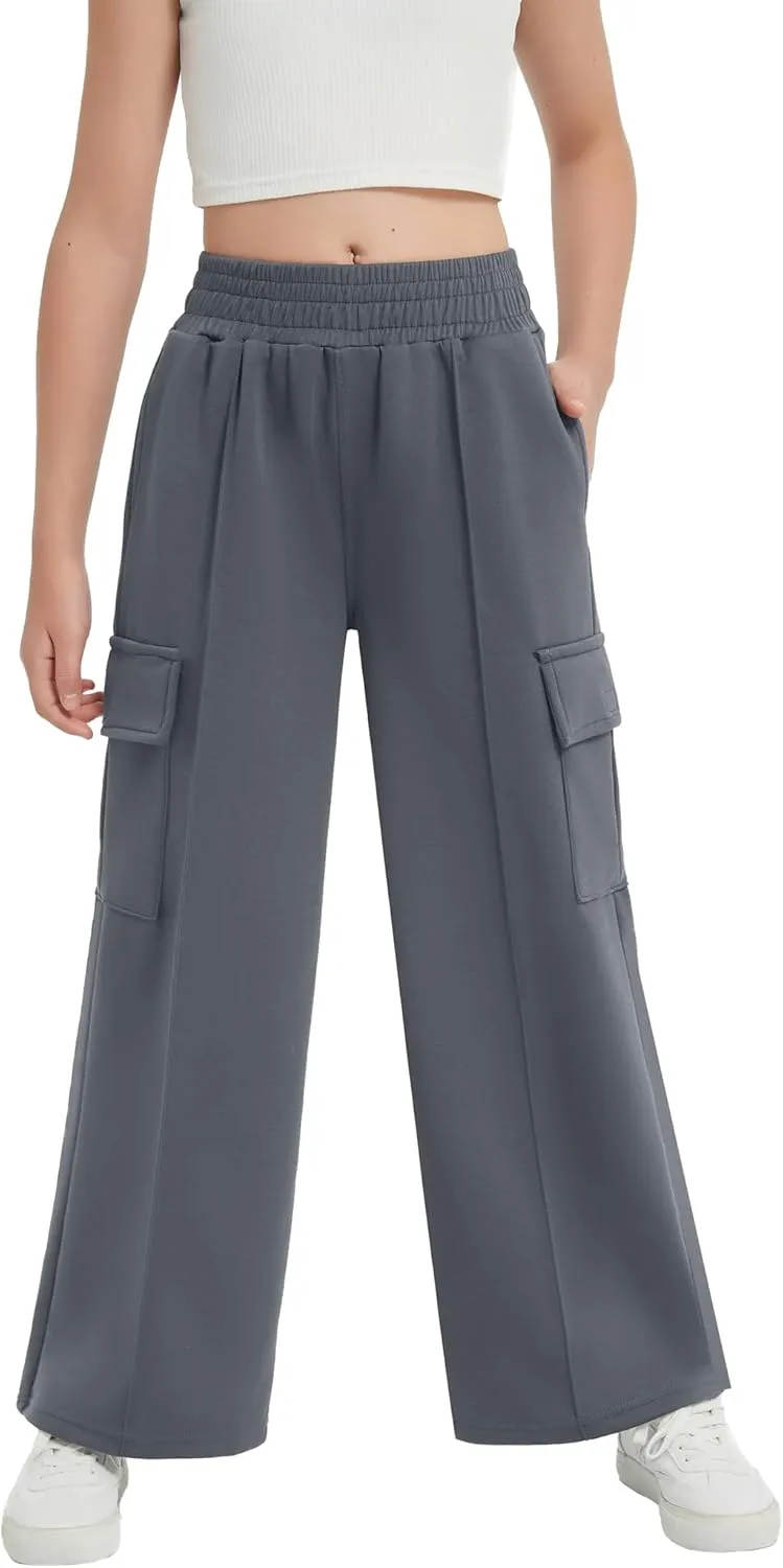 EXARUS Girls Sweatpants Wide Leg Baggy Teen Sweat Pants Cargo/Side Striped/Crossover V Waist Casual with Pockets 6-14Y