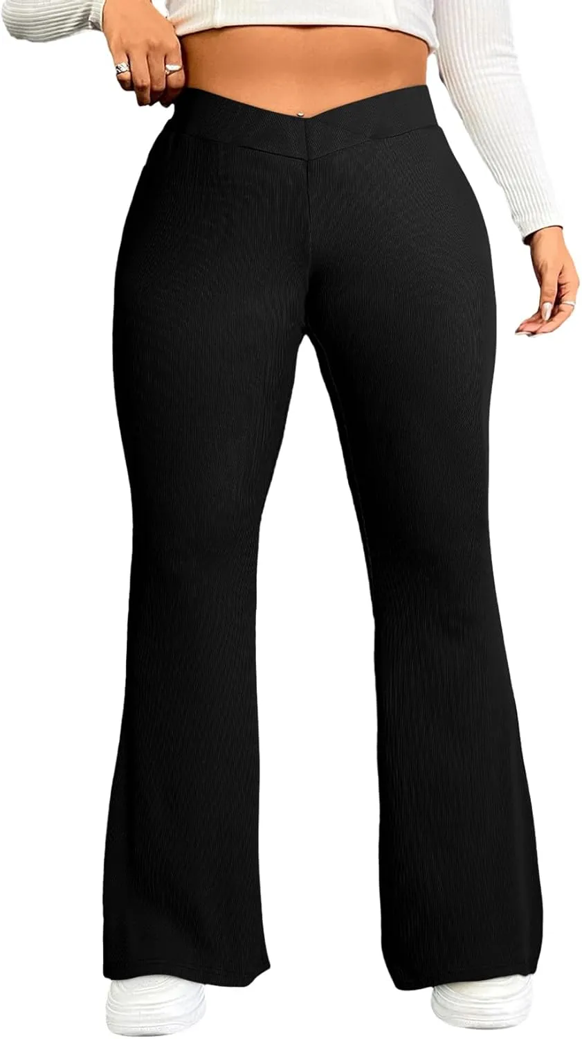 Eytino Plus Size Leggings for Women Elastic High Waisted Crossover Flare Pants Lounge Trousers(1X-5X)