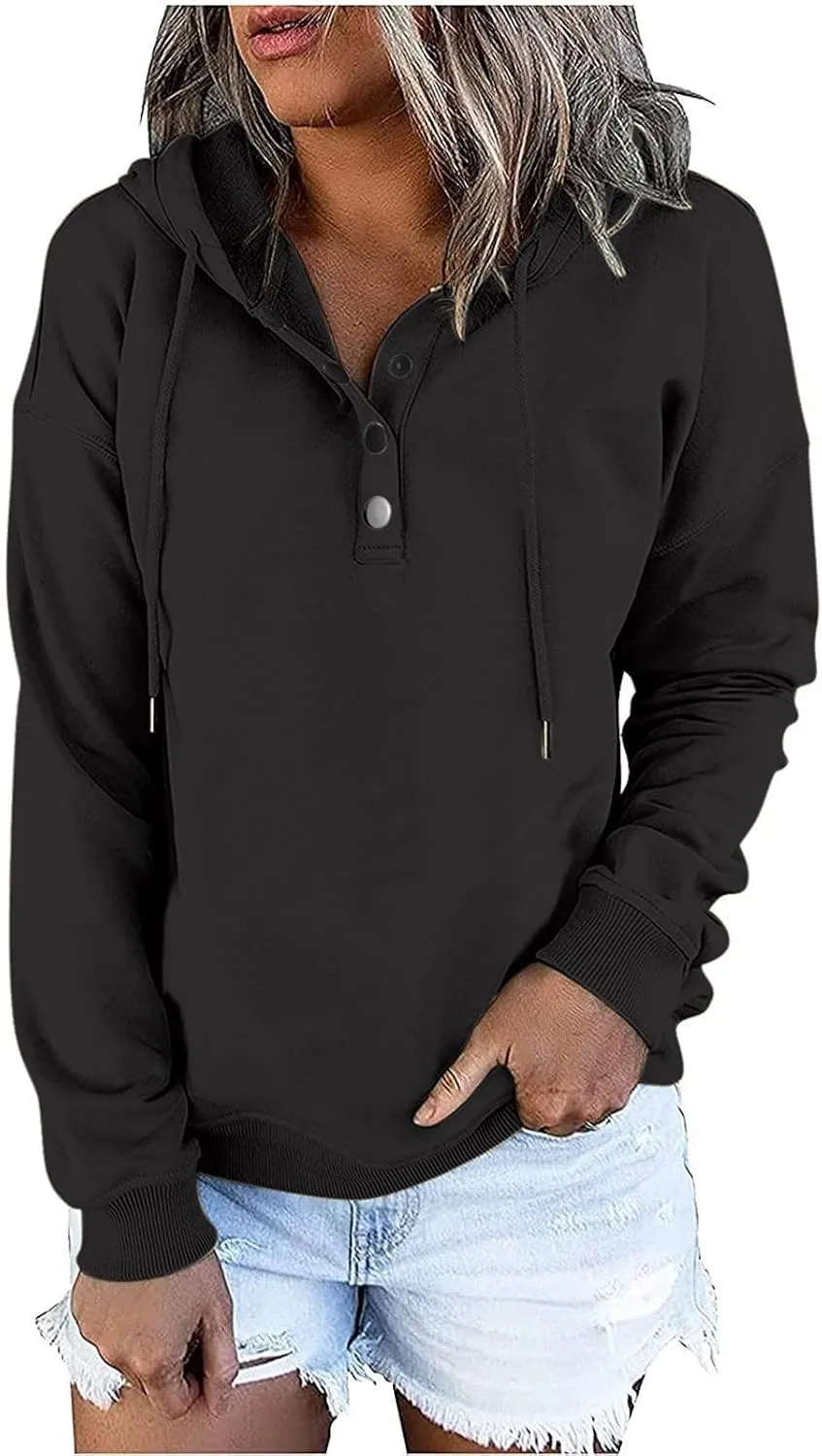 Fall Hoodies For Women Trendy 2024 Causal Long Sleeve Button Down Hooded Sweatshirt Solid Basic Pullover Tops