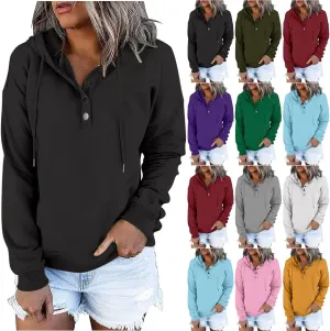 Fall Hoodies For Women Trendy 2024 Causal Long Sleeve Button Down Hooded Sweatshirt Solid Basic Pullover Tops