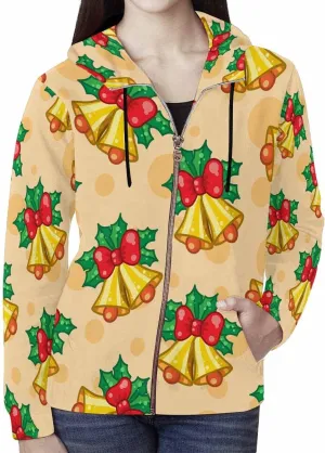 Fall Sweatshirts For Women Yellow Christmas Bells Holly Leaves Womens Zip Up Sweatshirt Oversized Hoodies Sweater