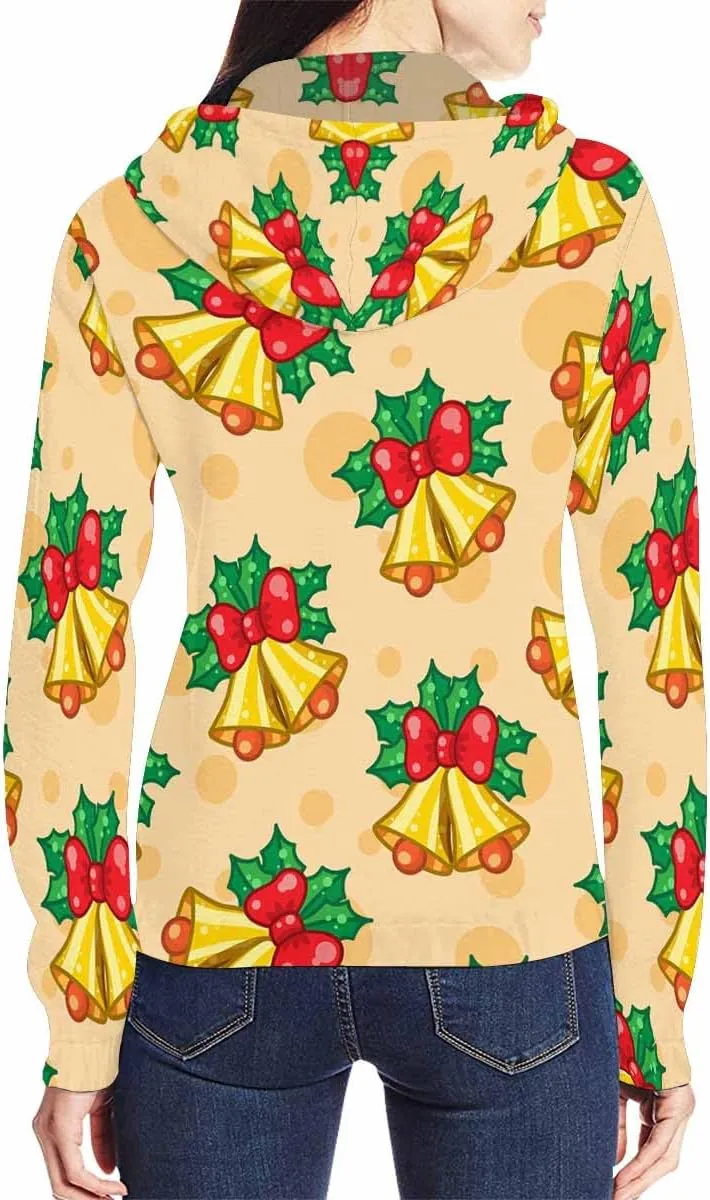 Fall Sweatshirts For Women Yellow Christmas Bells Holly Leaves Womens Zip Up Sweatshirt Oversized Hoodies Sweater