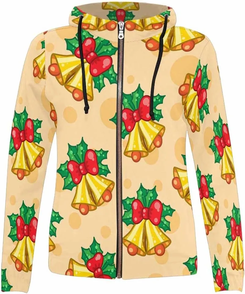 Fall Sweatshirts For Women Yellow Christmas Bells Holly Leaves Womens Zip Up Sweatshirt Oversized Hoodies Sweater