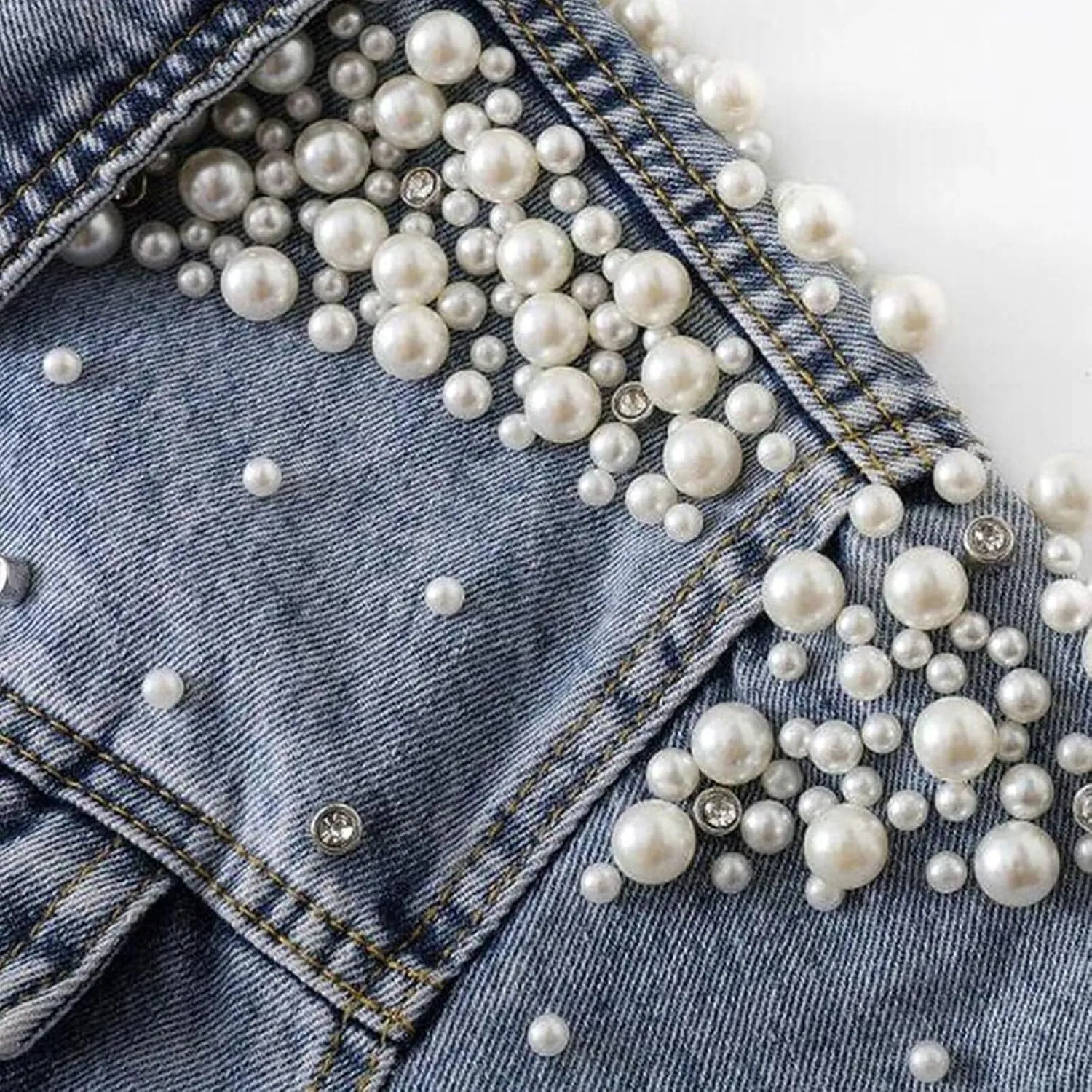 FantasyGears Women's Jeans Jacket Rhinestone Pearl Denim Jacket Embroidered Oversized Plus Size Jacket Streetwear
