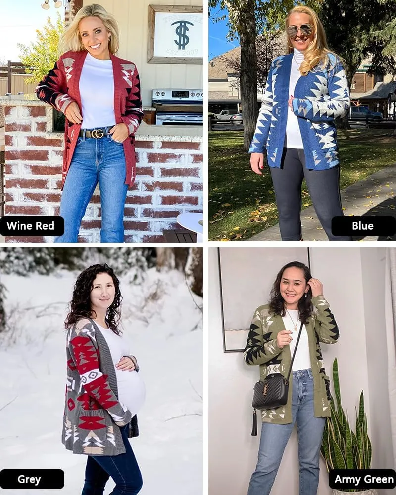 FERBIA Women Boho Cardigan Aztec Open Front Loose Slouchy Sweaters Tribal Long Sleeve Knitted Christmas Jacket Coat