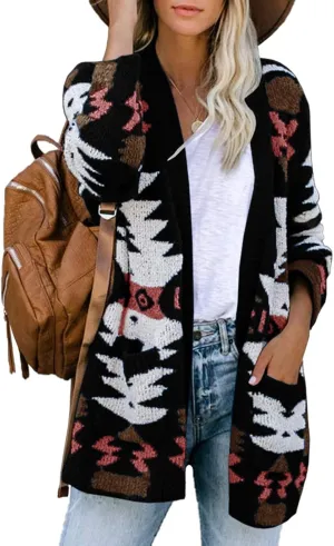 FERBIA Women Boho Cardigan Aztec Open Front Loose Slouchy Sweaters Tribal Long Sleeve Knitted Christmas Jacket Coat