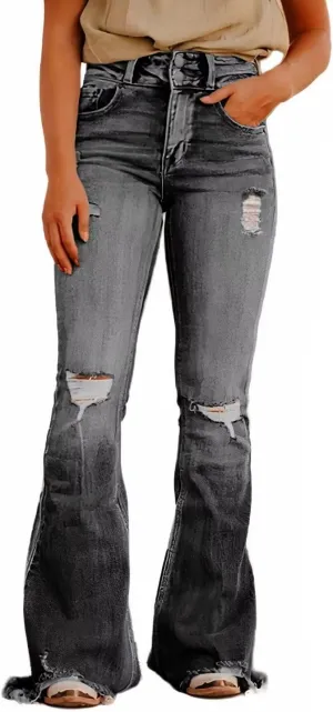 Flamingals Flare Bell Bottom Jeans for Women Raw Hem High Waist