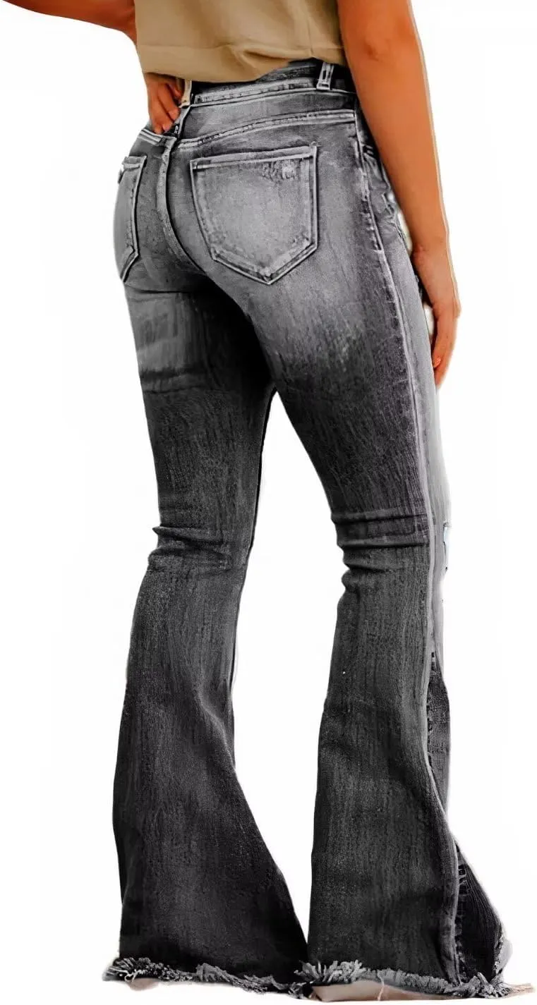Flamingals Flare Bell Bottom Jeans for Women Raw Hem High Waist