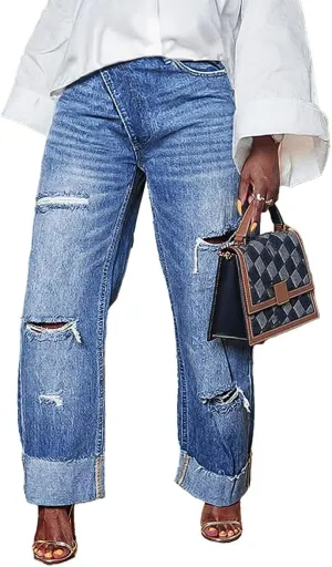 Flamingals Straight Leg High Rise Asymmetrical Waist Crossover Cut Out Baggy Barrel Jeans