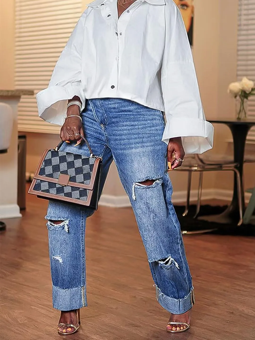 Flamingals Straight Leg High Rise Asymmetrical Waist Crossover Cut Out Baggy Barrel Jeans