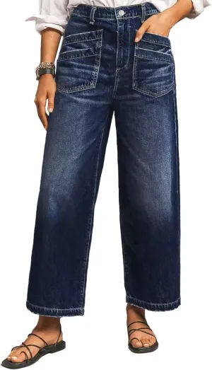 Flamingals Wide Straight Leg Mid Rise Baggy Flap Pocket Raw Hem Denim Jeans