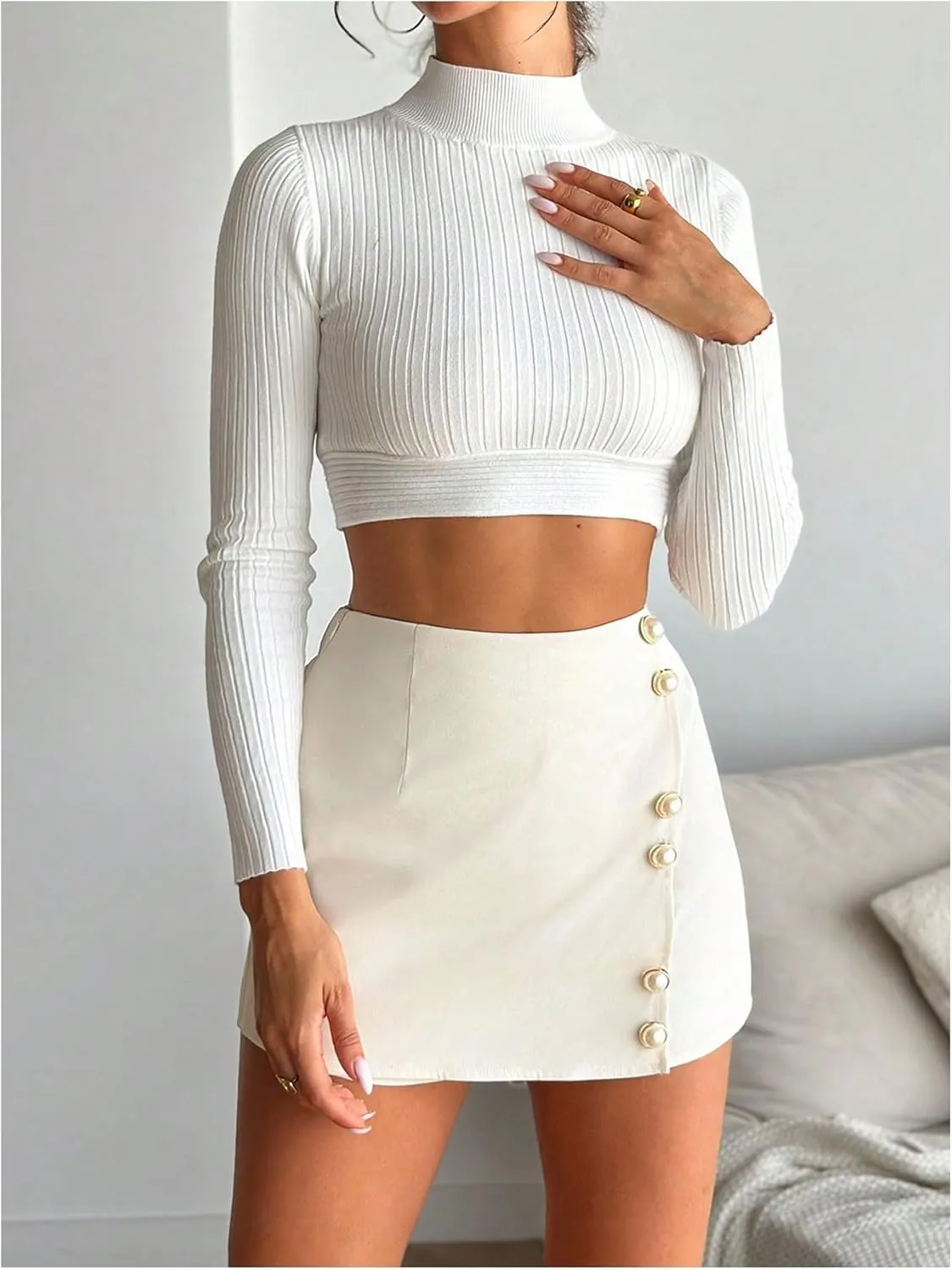 Floerns Women's Pearl Button Asymmetrical Mini Skorts High Waisted Elegant Dressy Shorts