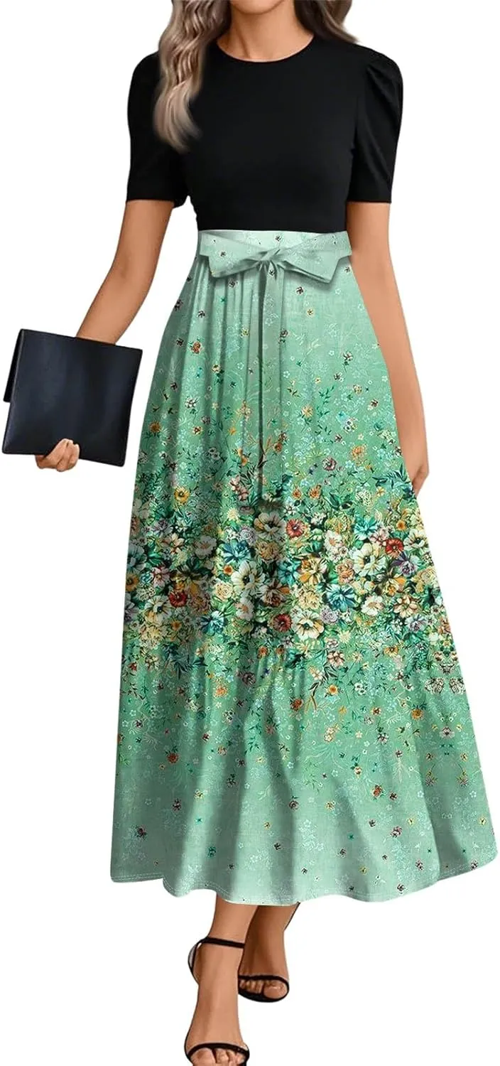 Floral Maxi Dress for Women Summer Crewneck Dressy Tie Waist Short Sleeve Fashion Beach Corset Long Dresses