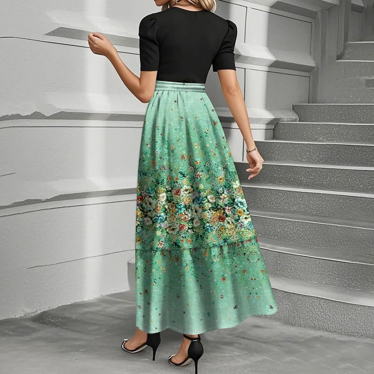 Floral Maxi Dress for Women Summer Crewneck Dressy Tie Waist Short Sleeve Fashion Beach Corset Long Dresses