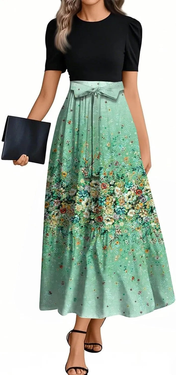 Floral Maxi Dress for Women Summer Crewneck Dressy Tie Waist Short Sleeve Fashion Beach Corset Long Dresses