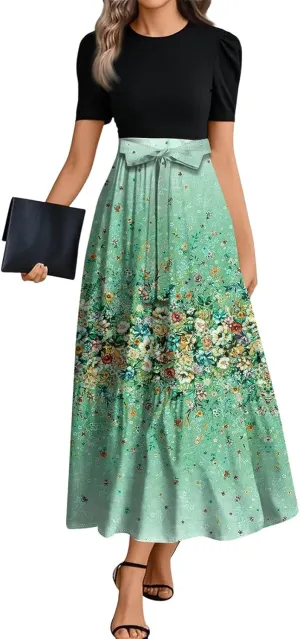 Floral Maxi Dress for Women Summer Crewneck Dressy Tie Waist Short Sleeve Fashion Beach Corset Long Dresses
