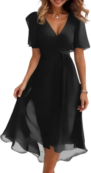 Floral Wedding Guest Dresses Short Sleeve V Neck Chiffon Dress Cute Holiday Hawaiian Travel Outfits