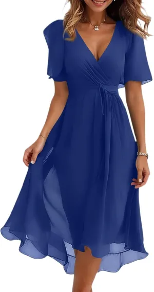 Floral Wedding Guest Dresses Short Sleeve V Neck Chiffon Dress Cute Holiday Hawaiian Travel Outfits