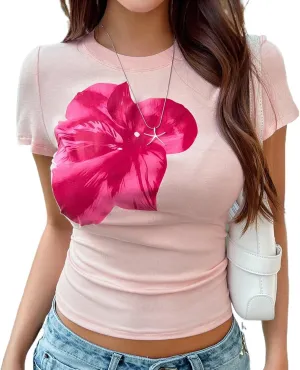 Flower Graphic Baby Tees for Women Summer Cute Tops Y2k Clothes Crop Slim Fit T Shirt 90s Vintage Aesthetic Streetwear