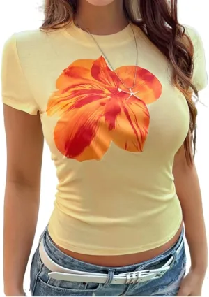 Flower Graphic Baby Tees for Women Summer Cute Tops Y2k Clothes Crop Slim Fit T Shirt 90s Vintage Aesthetic Streetwear