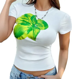 Flower Graphic Baby Tees for Women Summer Cute Tops Y2k Clothes Crop Slim Fit T Shirt 90s Vintage Aesthetic Streetwear