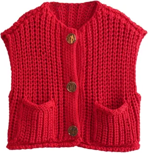 Flygo Womens Sleeveless Sweater Vest 2025 Spring Summer Crop Knit Top Chunky Crochet Button Cardigan Sweaters