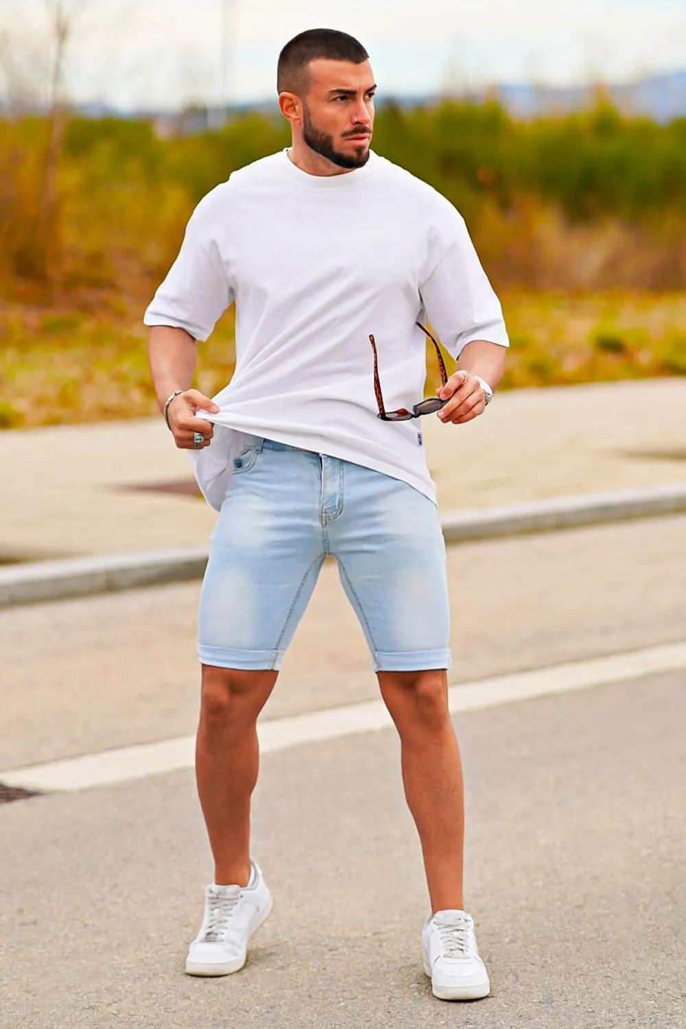 GINGTTO Men's Denim Shorts Slim Fit Stretch Short Jeans