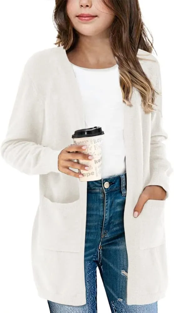 Girl's Open Front Cardigan Long Sleeve Knit Sweaters Kids Solid Cute Casual Loose Outerwear Coats with Pockets