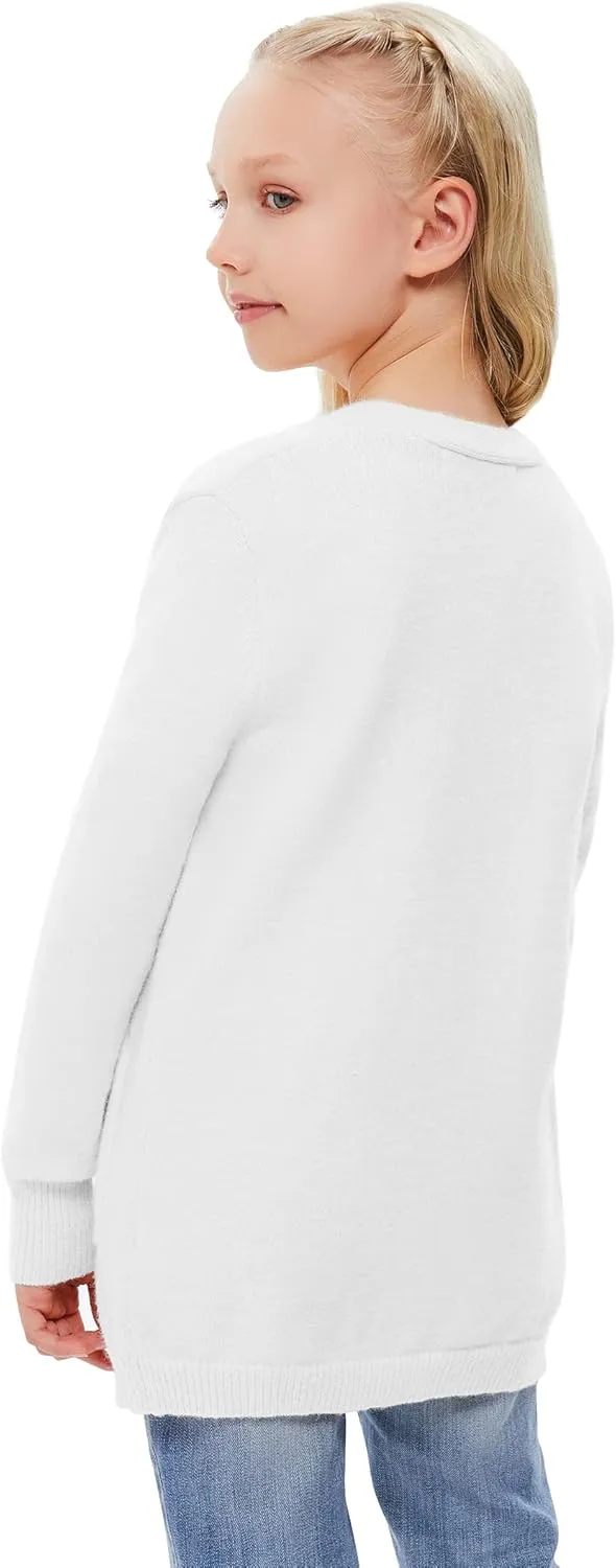 Girl's Open Front Cardigan Long Sleeve Knit Sweaters Kids Solid Cute Casual Loose Outerwear Coats with Pockets