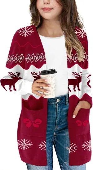 Girl's Open Front Cardigan Long Sleeve Knit Sweaters Kids Solid Cute Casual Loose Outerwear Coats with Pockets