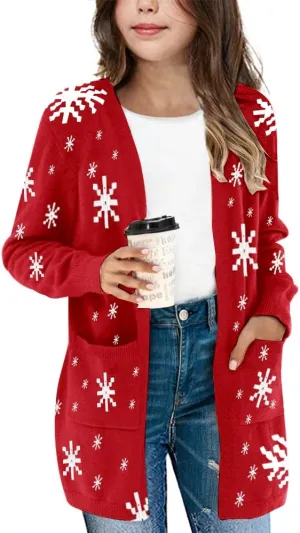 Girl's Open Front Cardigan Long Sleeve Knit Sweaters Kids Solid Cute Casual Loose Outerwear Coats with Pockets