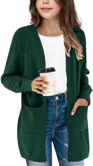 Girl's Open Front Cardigan Long Sleeve Knit Sweaters Kids Solid Cute Casual Loose Outerwear Coats with Pockets