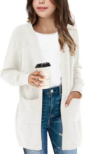 Girl's Open Front Cardigan Long Sleeve Knit Sweaters Kids Solid Cute Casual Loose Outerwear Coats with Pockets