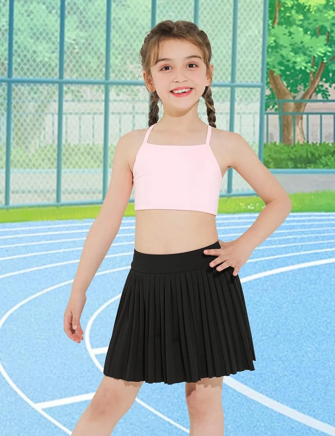 Girls Pleated Tennis Skirt with Shorts Athletic Skorts with Pocket Golf Uniform Cheer Skirts for Toddler Kids 5-14Y