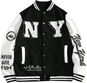 GORGLITTER Men's Letter Graphic Button Varsity Letterman Jackets Vintage Long Sleeve Bomber Jacket Coat