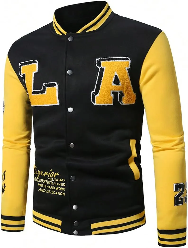 GORGLITTER Men's Letter Graphic Button Varsity Letterman Jackets Vintage Long Sleeve Bomber Jacket Coat