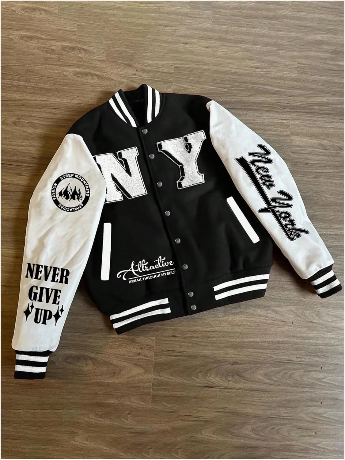 GORGLITTER Men's Letter Graphic Button Varsity Letterman Jackets Vintage Long Sleeve Bomber Jacket Coat
