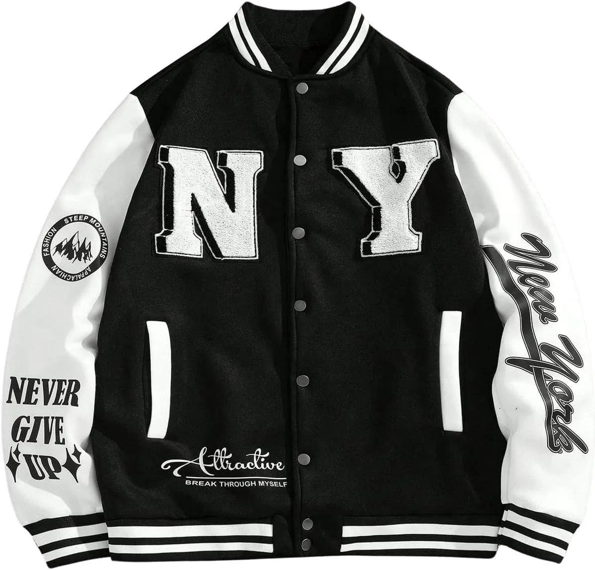 GORGLITTER Men's Letter Graphic Button Varsity Letterman Jackets Vintage Long Sleeve Bomber Jacket Coat