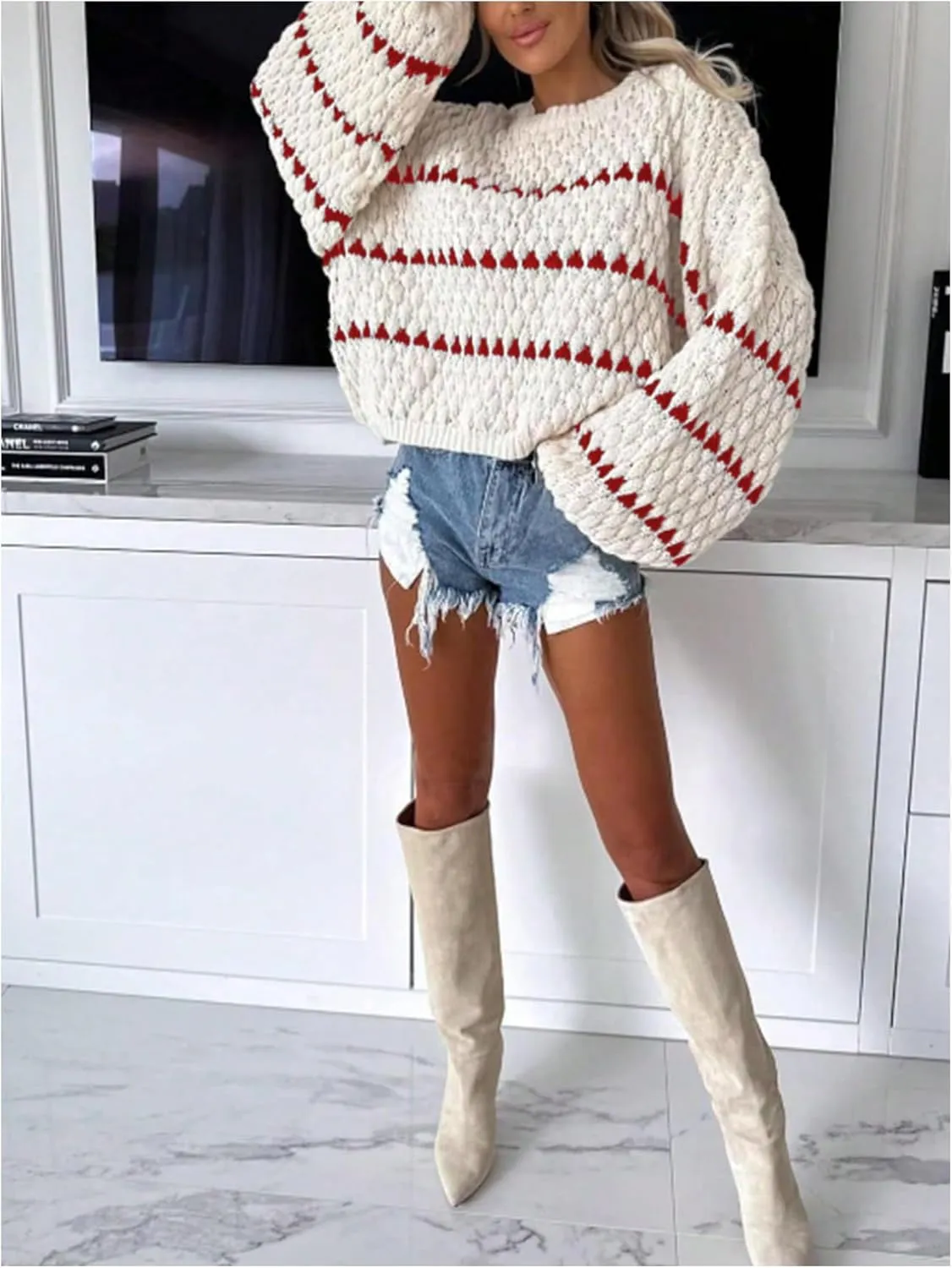 GORGLITTER Women's Striped Oversized Loose Sweater Cable Knit Long Sleeve Crew Neck Fall Winter Fahion Outfits 2024