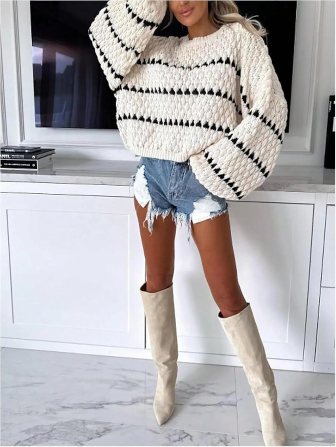 GORGLITTER Women's Striped Oversized Loose Sweater Cable Knit Long Sleeve Crew Neck Fall Winter Fahion Outfits 2024