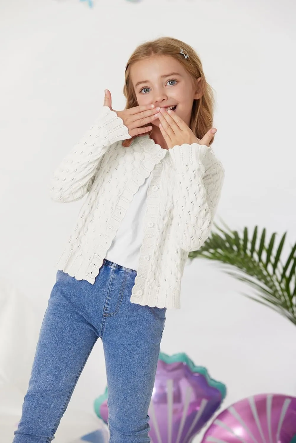 GRACE KARIN Girls Cropped Cardigan Sweaters Long Sleeve Cable Knit Button Front Sweater 5-12Y