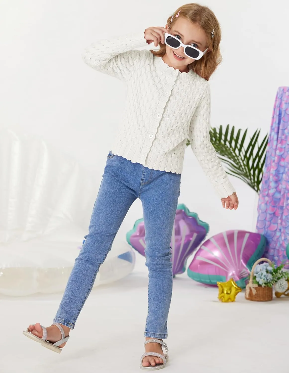 GRACE KARIN Girls Cropped Cardigan Sweaters Long Sleeve Cable Knit Button Front Sweater 5-12Y