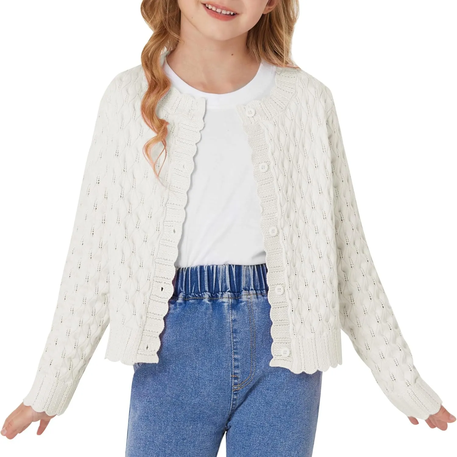 GRACE KARIN Girls Cropped Cardigan Sweaters Long Sleeve Cable Knit Button Front Sweater 5-12Y