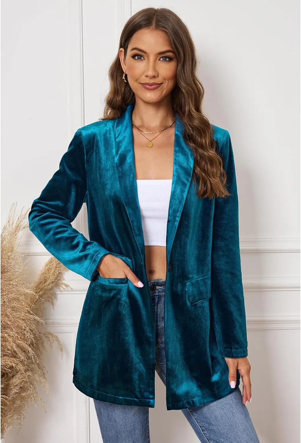 GRAPENT Velvet Blazers Jackets for Women Business Casual Oversized Long Suit Jacket Dressy Cardigan Blazer Work Office
