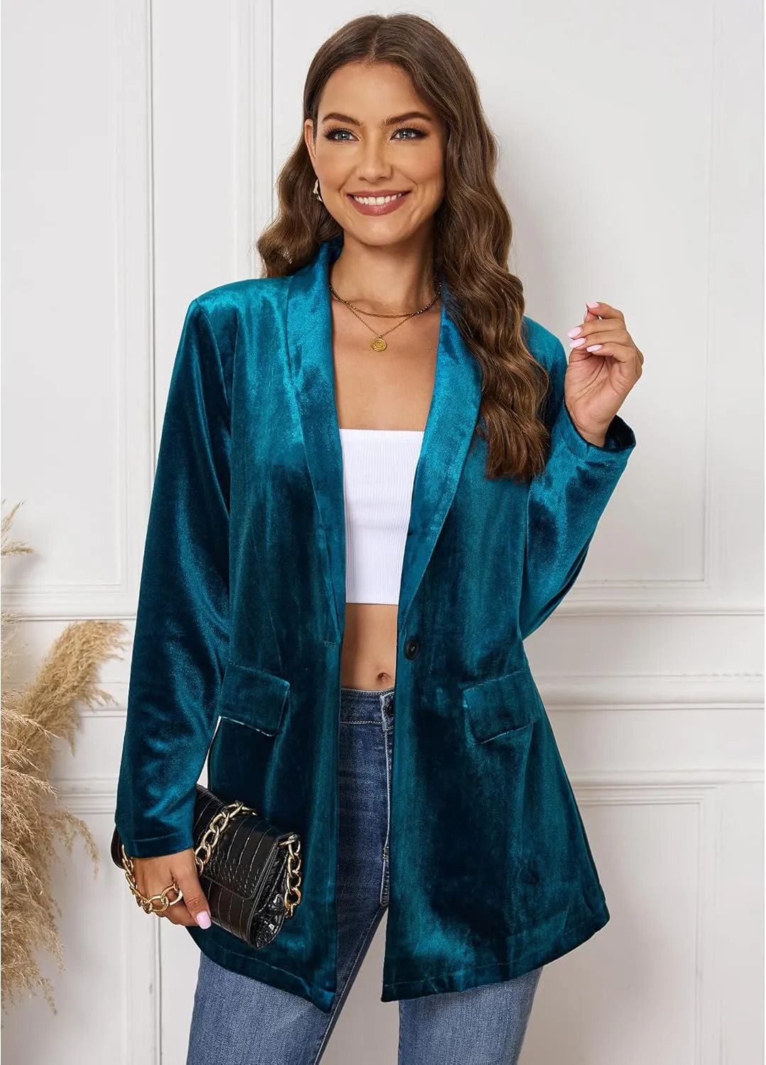 GRAPENT Velvet Blazers Jackets for Women Business Casual Oversized Long Suit Jacket Dressy Cardigan Blazer Work Office